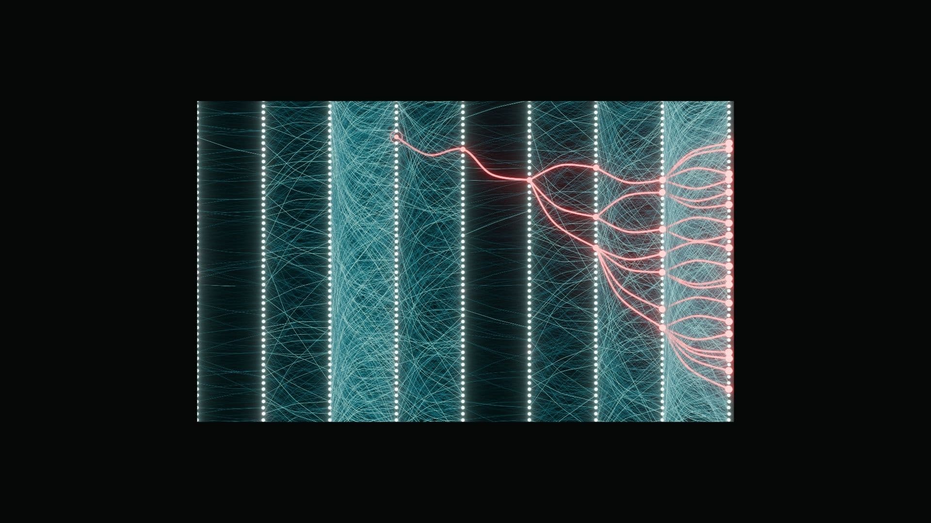 A single red path branching into many divergent outcomes across layered bundles of model trajectories
